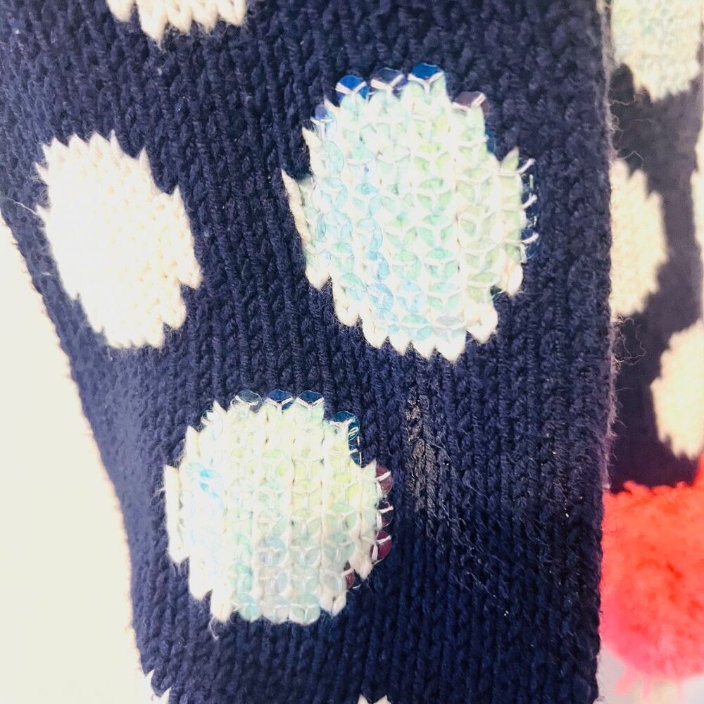 Gymboree-Cotton Blend Sequin Navy Blue/White-Peach Pom Pons Scarf-72" x 5"-Soft - Picture 4 of 14